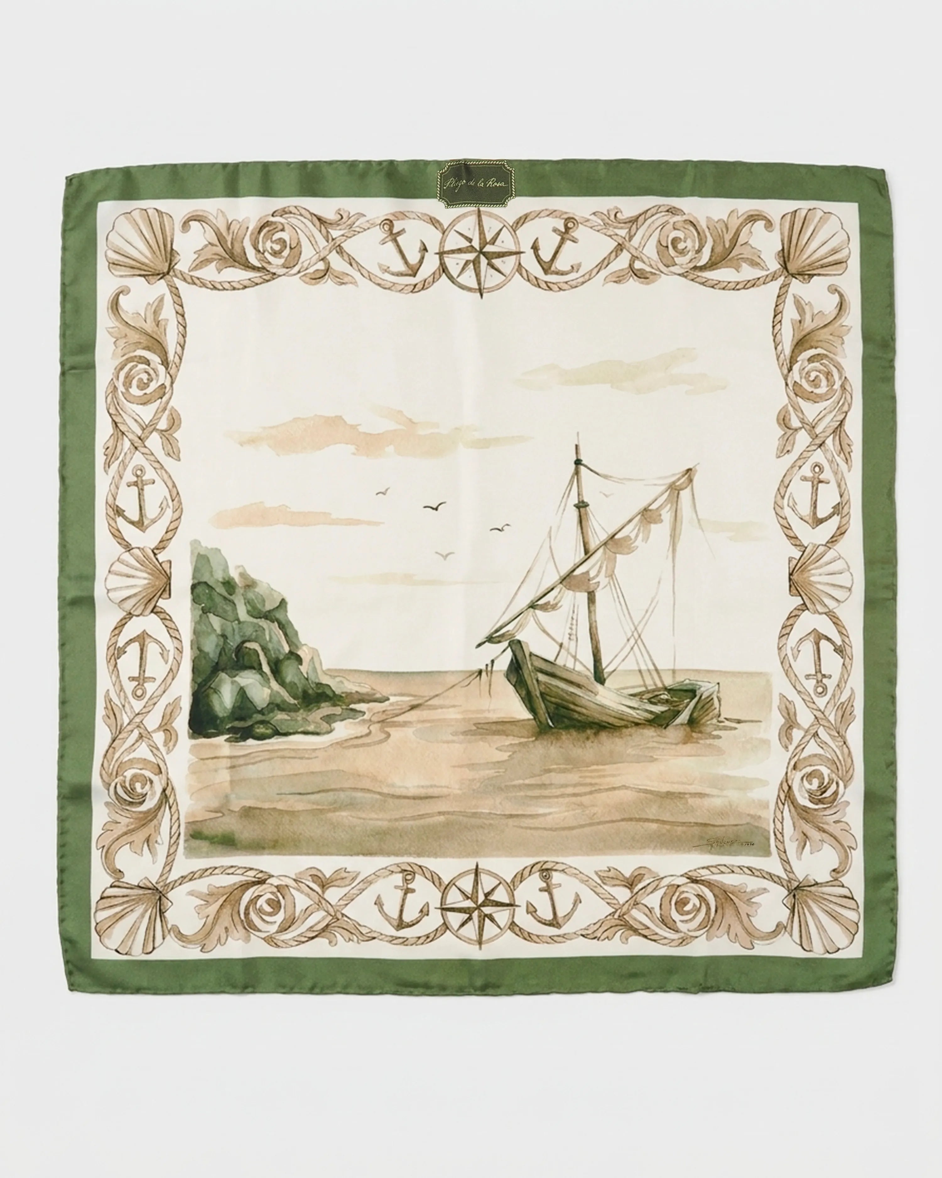 Archivo 1996 "Fondeo" – Pañuelo de seda twill tono verde - PLIEGO DE LA ROSA